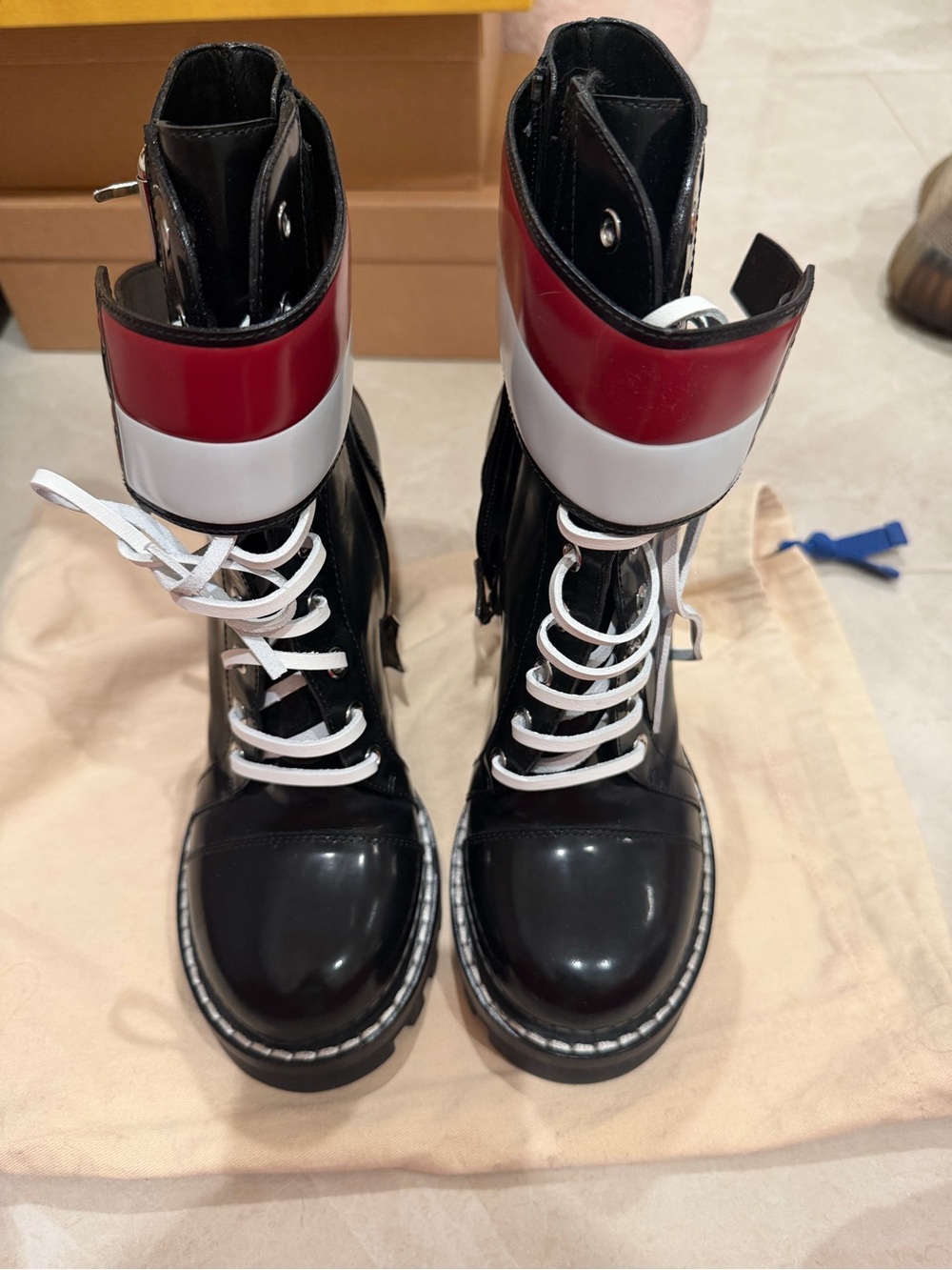 Louis Vuitton Black, White & Red Patent Leather Combat Boots